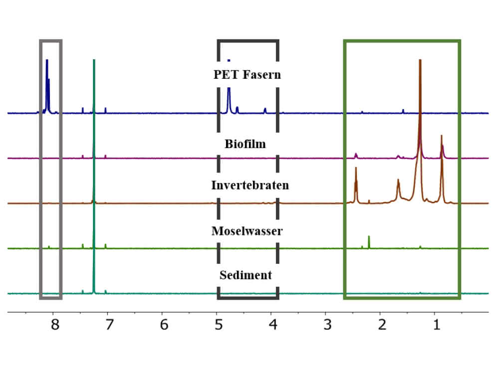 Bild 3: 1H-NMR Spektren von PET-Fasern, Biofilm, Invertebraten, Moselwasser und Sediment – jeweils nach dem chemischen Aufschluss in CDCl3/TFA 4 : 1 bei RT. Der Bereich, welcher für die qualitative Analyse von PET-Fasern wichtig ist, ist grau markiert und hellgrau der Bereich, welcher für die quantitative Analyse verwendet wird. Grün umrandet ist der Bereich, in dem Matrixeffekte nach dem chemischen Aufschluss der Umweltmodellproben auftreten. 5 Spektren untereinander, drei Bereiche sind umrandet