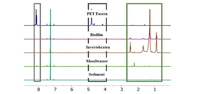 Bild 3: 1H-NMR Spektren von PET-Fasern, Biofilm, Invertebraten, Moselwasser und Sediment – jeweils nach dem chemischen Aufschluss in CDCl3/TFA 4 : 1 bei RT. Der Bereich, welcher für die qualitative Analyse von PET-Fasern wichtig ist, ist grau markiert und hellgrau der Bereich, welcher für die quantitative Analyse verwendet wird. Grün umrandet ist der Bereich, in dem Matrixeffekte nach dem chemischen Aufschluss der Umweltmodellproben auftreten. 5 Spektren untereinander, drei Bereiche sind umrandet