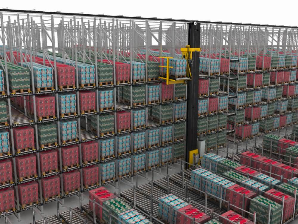 From materialfluss WELT DER INTRALOGISTIK: Platform supplemented by storage and retrieval unit and transfer car