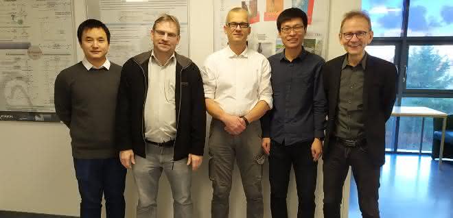 Forscherteam am LIKAT: Dr. Jiawang Liu (l.), Dr. Helfried Neumann, Dr. Ralf Jackstell, Ji Yang und Prof. Matthias Beller. Foto von fünf Forschern am LIKAT.