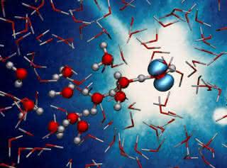 Der Moment des Protontransfers von einem ionisierten zu einem neutralen Wassermolekül. Die blaue, hantelförmige Wolke zeigt das Orbital, aus dem ein Elektron durch Bestrahlung herausgeschlagen wurde. Der Moment des Protontransfers von einem ionisierten zu einem neutralen Wassermolekül. Die blaue, hantelförmige Wolke zeigt das Orbital, aus dem ein Elektron durch Bestrahlung herausgeschlagen wurde.