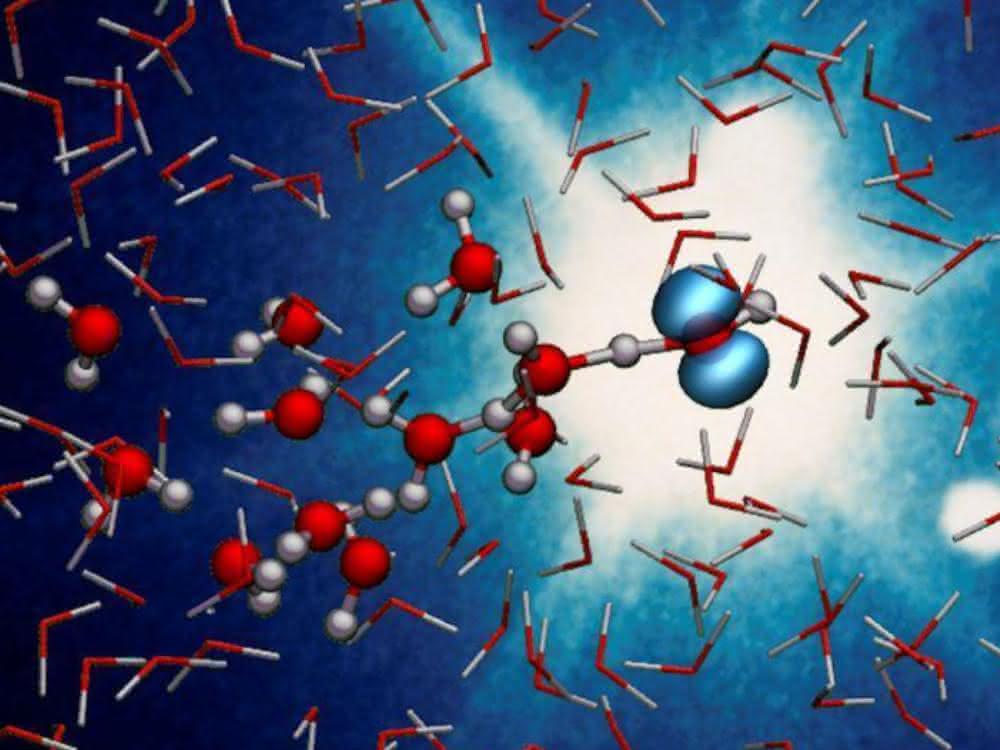 Der Moment des Protontransfers von einem ionisierten zu einem neutralen Wassermolekül. Die blaue, hantelförmige Wolke zeigt das Orbital, aus dem ein Elektron durch Bestrahlung herausgeschlagen wurde.