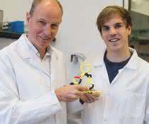Christian Twittenhoff (rechts) und Franz Narberhaus haben ein Modell erstellt, das zeigt, wie das RNA-Thermometer aufschmilzt. Christian Twittenhoff (rechts) und Franz Narberhaus haben ein Modell erstellt, das zeigt, wie das RNA-Thermometer aufschmilzt.