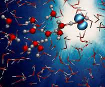 Der Moment des Protontransfers von einem ionisierten zu einem neutralen Wassermolekül. Die blaue, hantelförmige Wolke zeigt das Orbital, aus dem ein Elektron durch Bestrahlung herausgeschlagen wurde. Der Moment des Protontransfers von einem ionisierten zu einem neutralen Wassermolekül. Die blaue, hantelförmige Wolke zeigt das Orbital, aus dem ein Elektron durch Bestrahlung herausgeschlagen wurde.