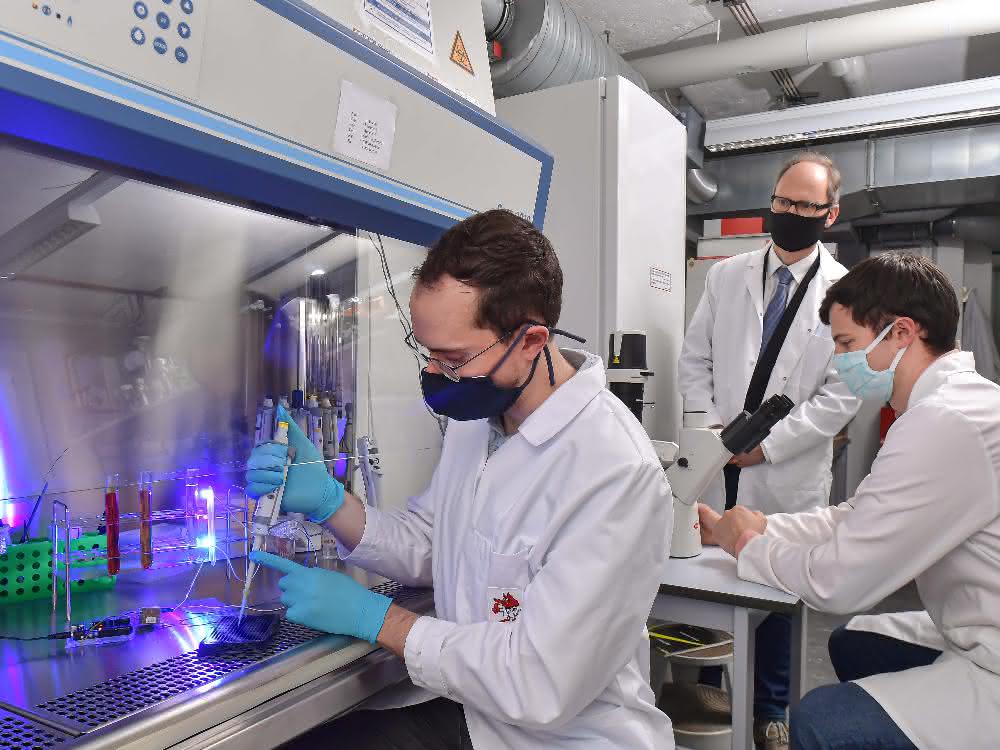 Florian Küllmer, Prof. Dr. Hans-Dieter Arndt und Veselin Nasufovic im Labor der Universität Jena