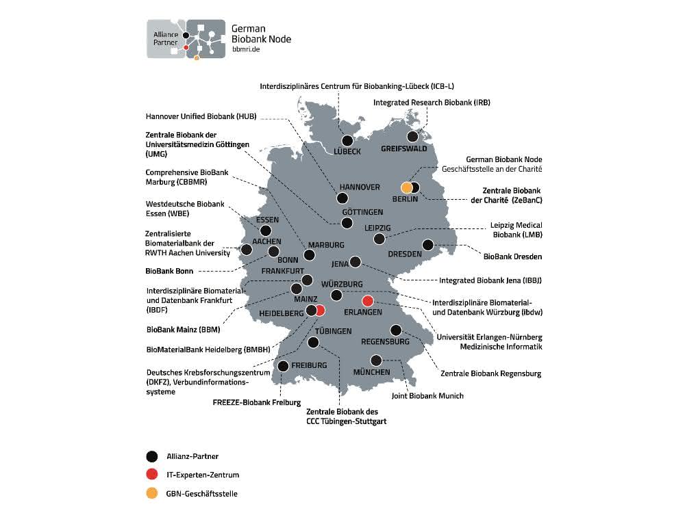 Landkarte mit allen Standorten der German Biobank Alliance.