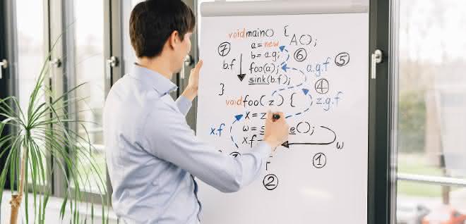 Junger Mann vor Flip Chart mit Formeln