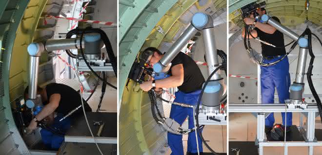 Cobot for final aircraft assembly: The collaborative colleague works on the airplane fuselage