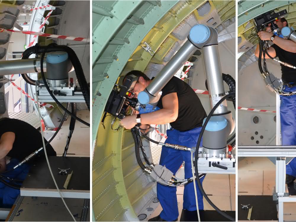 Cobot for final aircraft assembly: The collaborative colleague works on the airplane fuselage