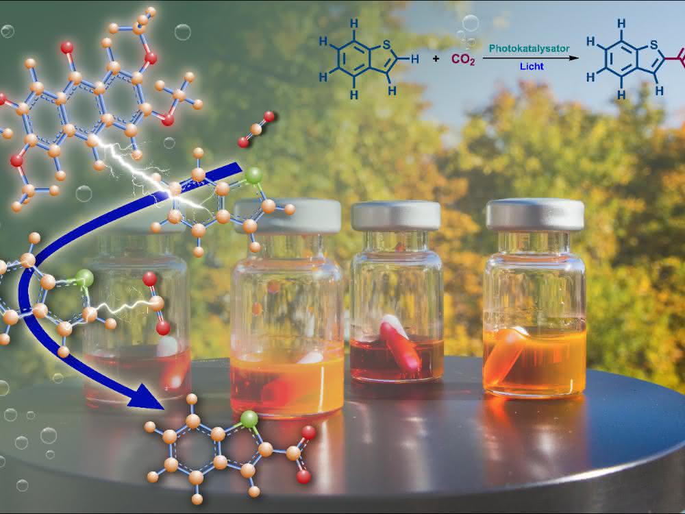 Synthesechemie mit Kohlendioxid und Sonnenlicht. Kunstbild (Molekülstrukturen; Lichtstrahl; Präparategläschen mit farbigen Substanze; Bäume im Hintergrund)