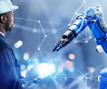Virtual commissioning: Simulate production systems Robot arm and human with safety helmet