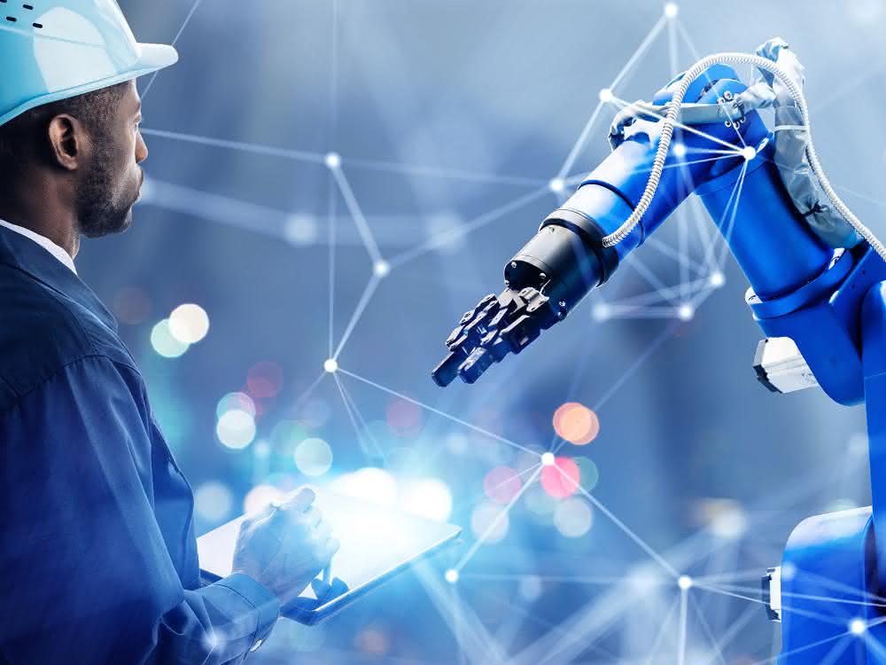 Robot arm and human with safety helmet