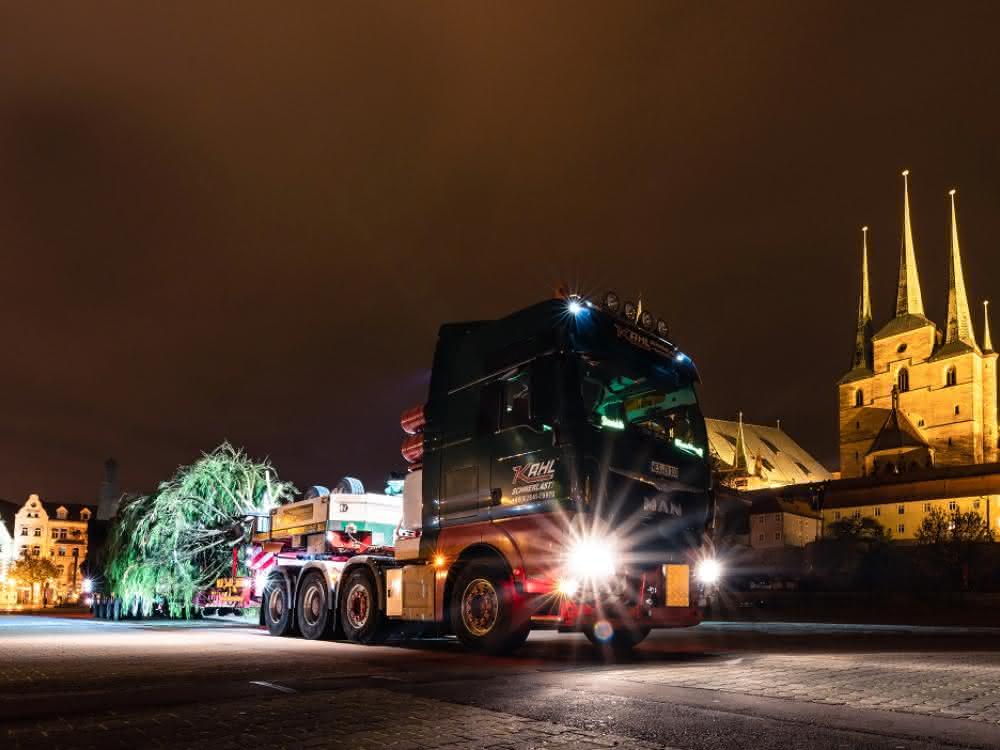 MAN Schwerlast-TGX liefert Weihnachtsbaum für Erfurter Domplatz MAN Schwerlast-TGX liefert Weihnachtsbaum für Erfurter Domplatz