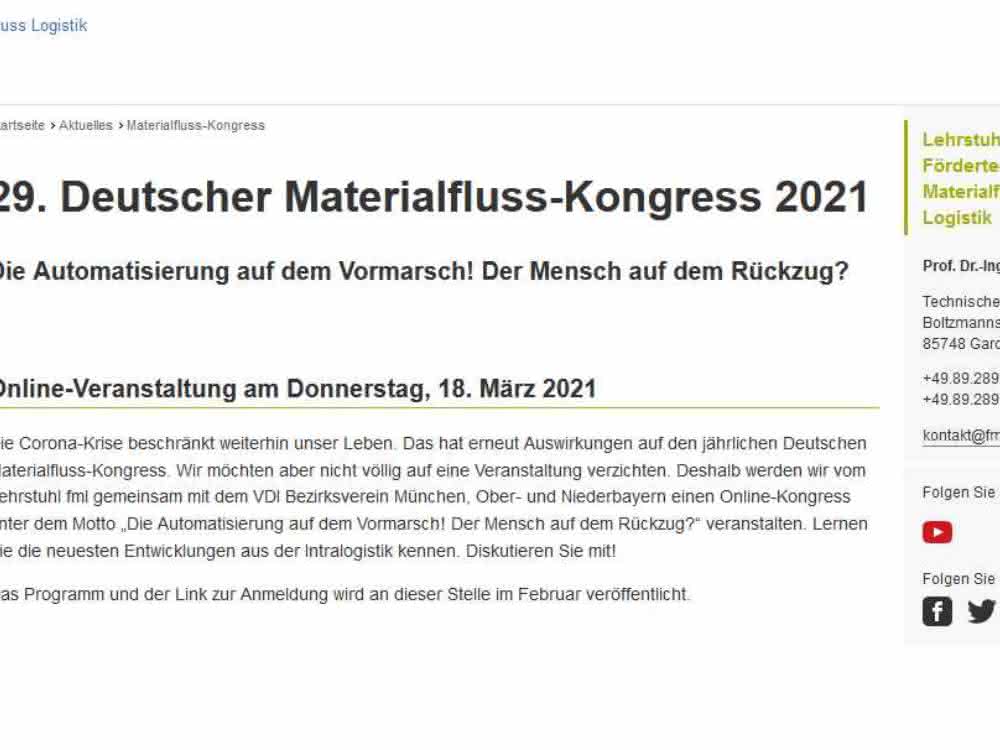 Material Flow Congress: purely digital in 2021, then back to normal in 2022 Material Flow Congress: purely digital in 2021, then back to normal in 2022