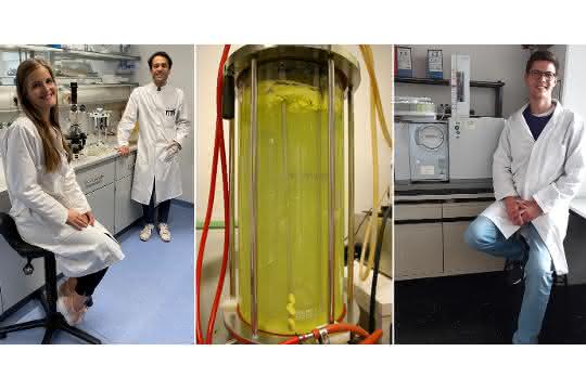Lydia Steffens, Eugenio Pettinato und Thomas M. Steiner im Labor; und eine Fermenter-Anlage