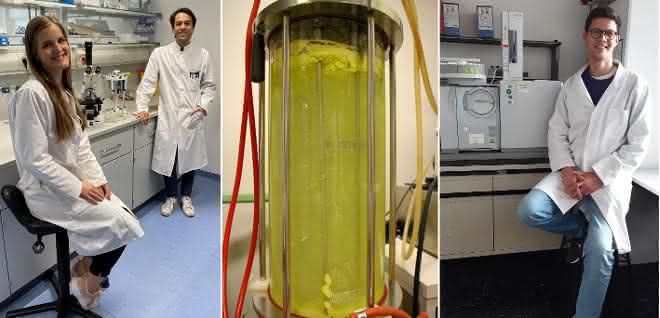 Lydia Steffens, Eugenio Pettinato und Thomas M. Steiner im Labor; und eine Fermenter-Anlage Lydia Steffens, Eugenio Pettinato und Thomas M. Steiner im Labor; und eine Fermenter-Anlage