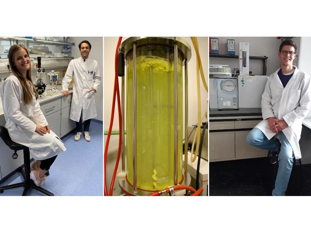 Lydia Steffens, Eugenio Pettinato und Thomas M. Steiner im Labor; und eine Fermenter-Anlage Lydia Steffens, Eugenio Pettinato und Thomas M. Steiner im Labor; und eine Fermenter-Anlage