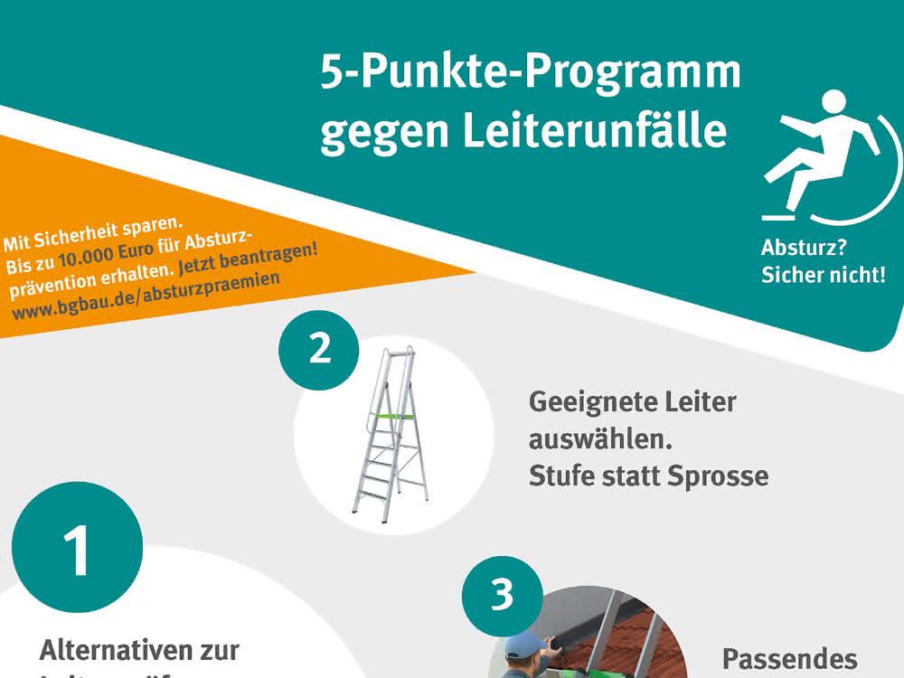BG Bau: Fünf-Punkte-Programm: Leiterunfälle vermeiden