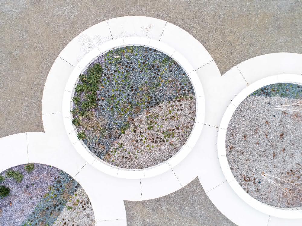 Klimaringe aus weißem Sichtbeton auf der Bundesgartenschau 2021