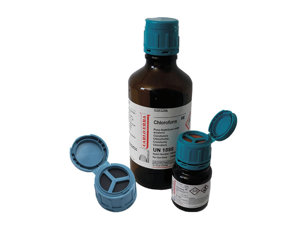 Flaschen für ERBAdry®-Produkte von CARLO ERBA Reagents Braune Flaschen mit geschlossener und geöffneter Kappe
