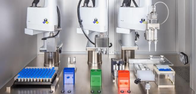Pipettieranlage mit 2- bzw. 3-Fingergreifern für das Probenhandling