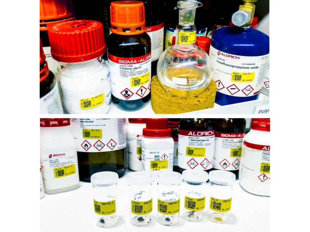 Chemikalienverwaltung im täglichen Laboralltag: Auf der Suche nach der richtigen Chemikalie Chemikaliengebinde und Gefäße im Gefahrstoffschrank