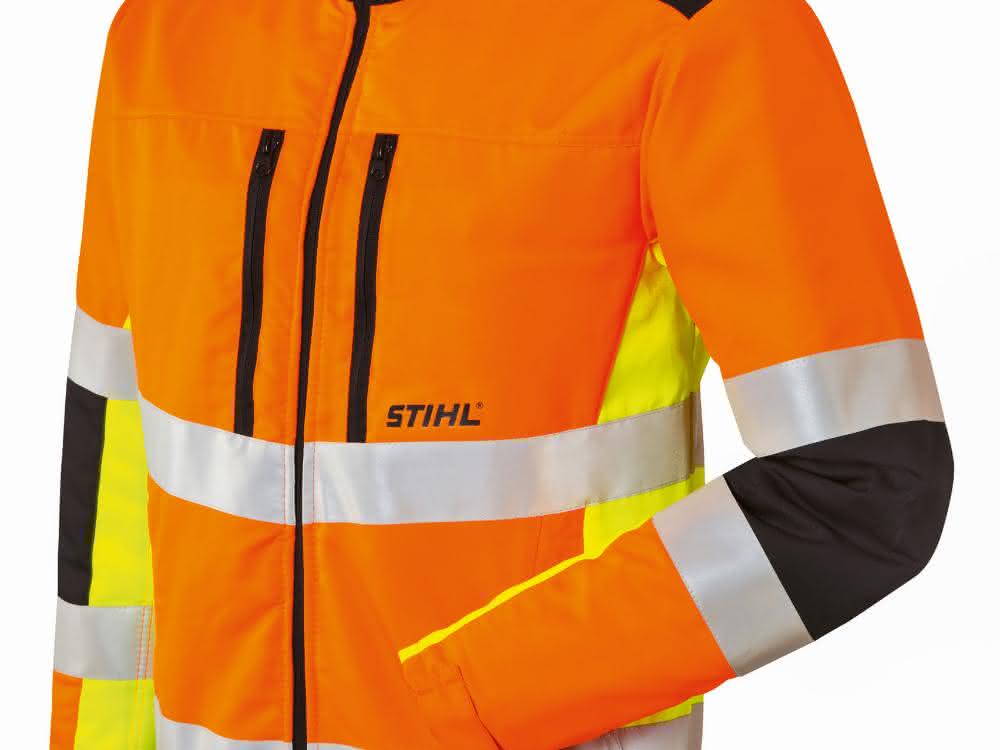 Stihl bietet einen neuen Schnitt- und Warnschutzanzug an, der die Sichtbarkeit von Bauarbeitern an Straßen und Bahntrassen erhöht.