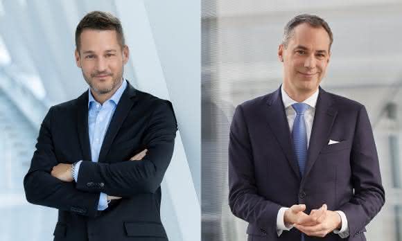 Dr. Andreas Gorbach, Mitglied des Vorstands der Daimler Truck AG, verantwortlich für die Truck Technology Group und Cedrik Neike, Mitglied des Vorstands der Siemens AG und CEO von Siemens Digital Industries. Dr. Andreas Gorbach, Mitglied des Vorstands der Daimler Truck AG, verantwortlich für die Truck Technology Group und Cedrik Neike, Mitglied des Vorstands der Siemens AG und CEO von Siemens Digital Industries.