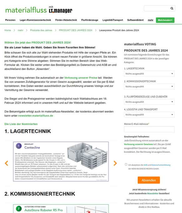             materialfluss PRODUKTE DES JAHRES 2024
: Wettbewerb auf der Zielgeraden