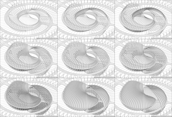 Konstruktion: Sportzentrum - Doppelschale in Spiralform